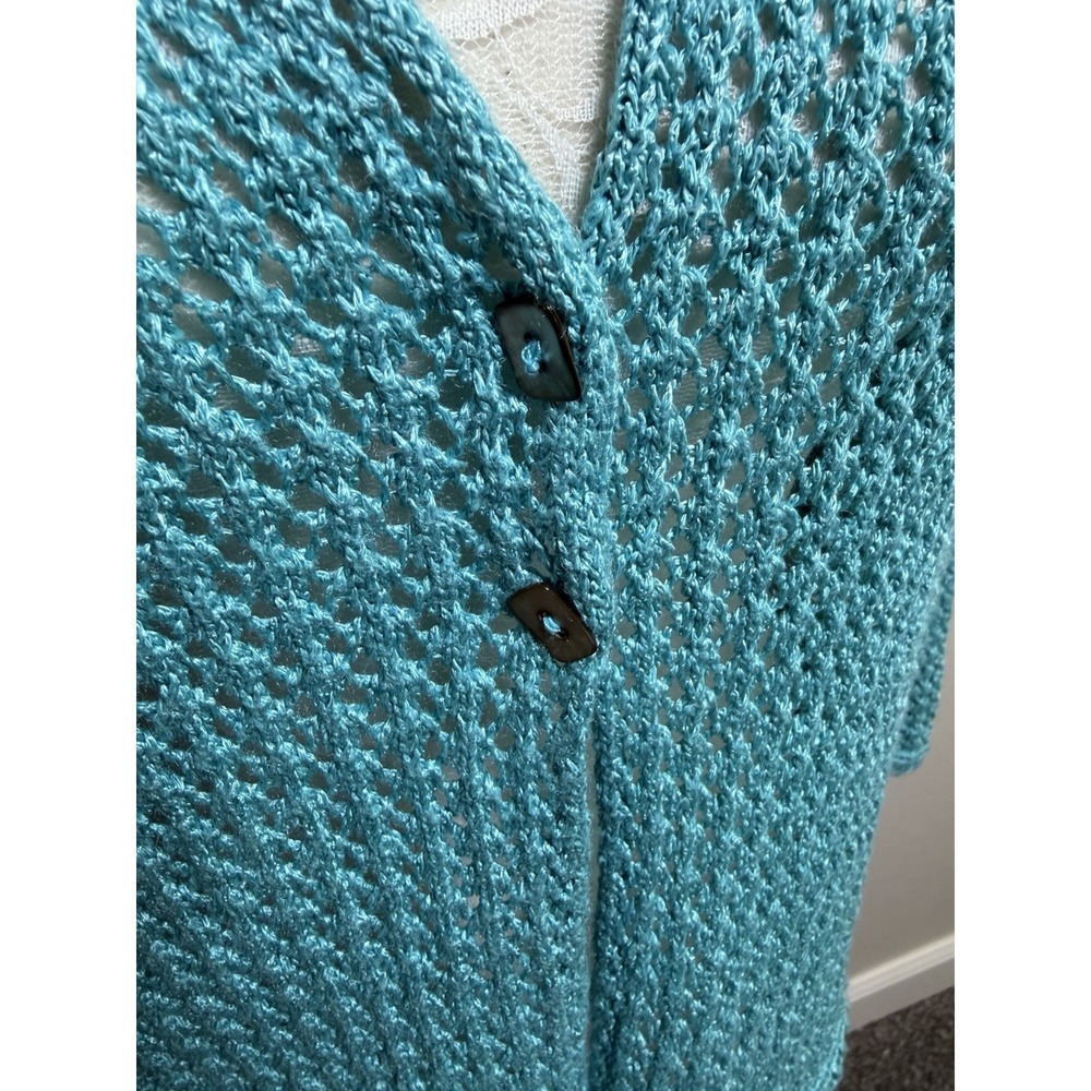 Sigrid Olsen Cardigan Sweater~L~Turquoise Crochet Knit Linen Bld 2 Button Resort - Picture 4 of 15